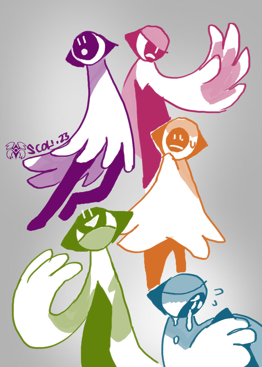 Five feathery, humanoid-looking cartoons whose heads resemble eyes, all posing in different ways and emotions.