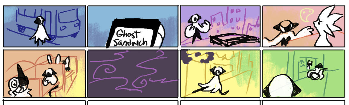 Five feathery, humanoid-looking cartoons whose heads resemble eyes, all posing in different ways and emotions.